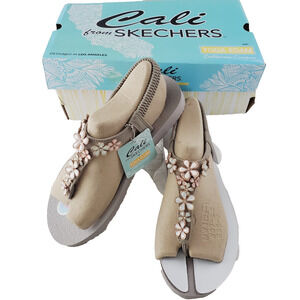 Skechers Cali Meditation Glass Daisy Yoga 8 Floral Sandals Taupe Thong Toe NEW